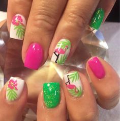 Hawaiian Nails, Tropical Nail Art, Hawaii Nails, Tropical Nail Designs, Flamingo Nails, Florida Nails, Nail Art Halloween