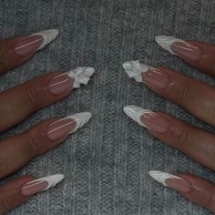 Almond Bow Acrylic Nails, Pink Bow Nails Almond, Nude Nails With Bow, White Accent Nails, Nails 2025, Almond Acrylic Nails Designs, Acrylic Nails Almond Shape