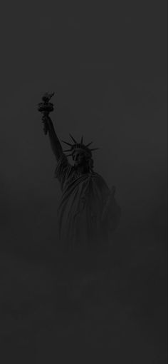 the statue of liberty is shown in black and white on a foggy day,