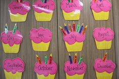 the cupcakes have been decorated with candles and name tags for each child's birthday