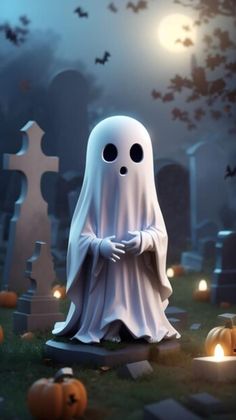 a ghost standing in front of graves with candles