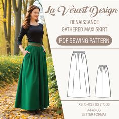 Experience the elegance of the Renaissance with this beautifully crafted wool gathered skirt. Designed to capture the timeless style of the era, this skirt is perfect for historical reenactments, Renaissance fairs, or adding a touch of classic sophistication to your wardrobe. *Compatible with all woven fabrics. *3 meters of fabric is sufficient for this design. *You will need a long invisible zipper. *You will need a button. *Our patterns have seam allowances. * US Sizes: 2, 4, 6, 8, 10, 12, 14, Cotton Skirt Pattern, Wool Skirt Pattern, Maxi Skirt Sewing, Medieval Skirt, Maxi Skirt Sewing Pattern, Green Skirt Outfits, Long Cotton Skirt, Boho Maxi Skirt, Princess Beauty