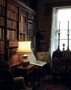 an old fashioned library with many books on the shelves and a lamp in front of it