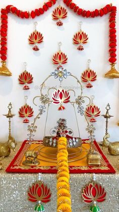 a decorated stage with red and gold decorations