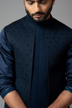 Buy Blue Suiting Embroidered Bundi And Draped Kurta Set For Men by Paarsh Online at Aza Fashions. Make Up Guide, India Fashion Men, Indian Wedding Clothes For Men, Groom Dress Men, Wedding Dresses Men Indian, Gents Kurta Design, Gents Kurta, Sherwani For Men