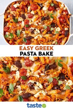 an easy greek pasta bake with tomatoes, olives and fettuccine