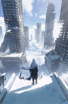 a person standing on top of a snow covered ground in front of tall buildings and skyscrapers