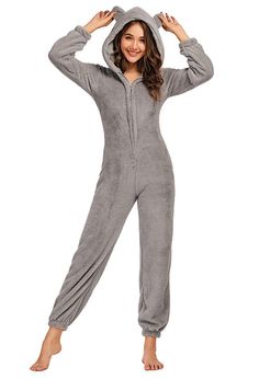 PRICES MAY VARY. Machine wash or hand wash, do not bleach Front zip up closure, long sleeve, elastic cuff & closed bottom Comfy jumpsuit pajamas with cute ear hood and tapered leg, footless, made of super soft, thermal and fluffy Sherpa fabric, solid color: grey/ black/ pink/ red/ brown/ navy blue/ light purple available Great choice for sleep wear, lounge wear, cosplay, pajama party, vacation in cold weather, cozy and funny; Also perfect Halloween and Christmas pajamas for family SIZE: Please r Fur Pajamas, Pajamas Women Winter, Grey Pajamas, Pyjamas Onesie, Winter Romper, Zipper Jumpsuit, Comfy Jumpsuits, Overall Jumpsuit, Comfortable Home