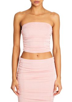 Penny Strapless Top Flirty Fitted Ruched Crop Top, Flirty Strapless Stretch Crop Top, Fitted Ruched Flirty Tube Top, Ruched Bandeau Crop Top For Party, Stretch Ruched Bandeau Tube Top, Flirty Ruched Stretch Tube Top, Stretch Flirty Ruched Tube Top, Flirty Ruched Bandeau Tube Top, Chic Strapless Ruched Crop Top