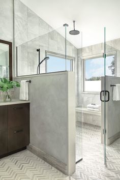 a bathroom with a walk in shower next to a sink