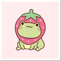 a frog with a strawberry on its head sitting in front of a pink wallpaper