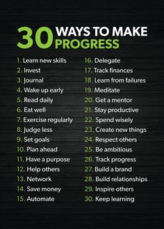 the 30 ways to make progress list on a blackboard with green writing and numbers