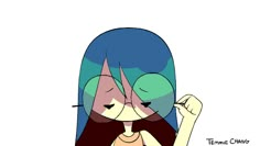 an animated girl with blue hair and green eyes holding her hand up to her face