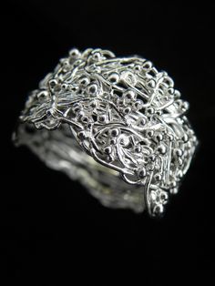 "Fairy ring". Strands of fine silver wire woven together and dotted with tiny balls. Handcrafted by Quench & Pickle. Odd Jewelry, Wax Carving Jewelry, Carving Jewelry, Rubies And Diamonds, Art Clay Silver, Silver Metal Clay, Silver Clay