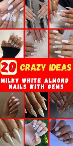 Almond Nails With Gems, Almond Nails With Gold, Milky White Almond Nails, Nails With Gems, Classic French Tip, Red Almond, Classy Almond Nails, White Almond Nails, Nails With Gold