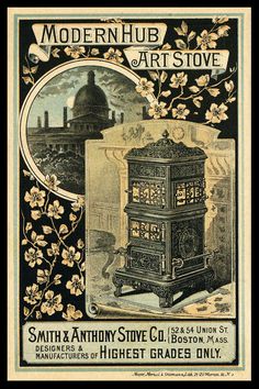 an advertisement for the modern hub art stove, with flowers and leaves on it's front