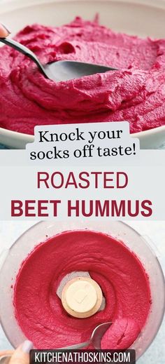 Learn how to make the best beet hummus using roasted beetroot and tahini. This homemade hummus recipe is healthy, vegan, gluten free, dairy free, easily made in food processor and is an ideal healthy dip for veggies or pita chips for parties during holidays. Get the easy roasted beet hummus recipe at kitchenathoskins.com.