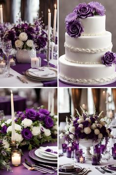 purple and white wedding decor with candles, flowers, and cake on the table in front of them