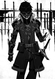 an anime character in black and white holding two swords