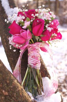 a bouquet of pink roses tied to a tree in the snow with ribbon around it