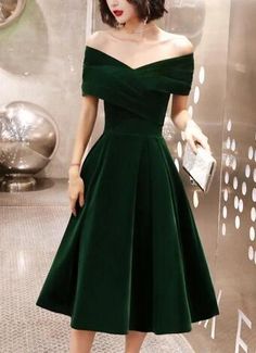 Bridesmaid Dress Tea Length, Vintage Style Bridesmaid Dresses, Party Dress Green, Off Shoulder Party Dress, Green Bridesmaid Dress, Dress Tea Length, Tea Length Bridesmaid Dresses, A Line Cocktail Dress, Retro Pin Up