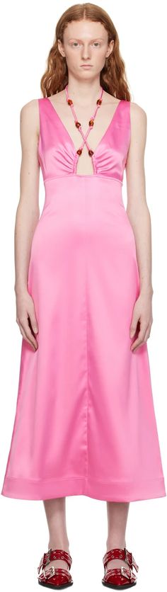 GANNI: Pink Halter Midi Dress | SSENSE Pink Halter Dress, Ganni Dress, Midi Slip Dress, Halter Midi Dress, Sequin Maxi Dress, Sequin Maxi, V Neck Midi Dress, Satin Midi Dress, Pink Midi Dress