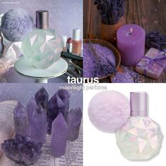 purple and white items are displayed in three different pictures, including soaps, candles, and perfume bottles