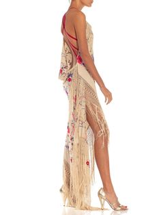 Morphew Collection Beige Bias Cut Fringed Dress Made From 1920S Hand-E – MORPHEW Mexico Fits, Fringed Dress, Virtual Outfits, Empire Waist Gown, Luxury Materials, Elevated Fashion, Flamenco Dress, Ibiza Outfits, Creative Clothes