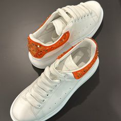 Brand New Without Box! Luxury Embellished White Sneakers, Luxury White Sneakers With Rhinestones, Elegant Embellished White Sneakers, Elegant White Embellished Sneakers, Luxury Embellished Lace-up Sneakers, White Alexander Mcqueen Sneakers, Puma High Tops, Embellished Sneakers, Alexander Mcqueen Tread Slick