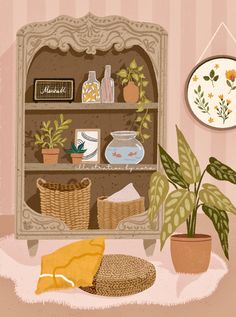 an illustration of a shelf with plants and other things on it in front of a wall clock