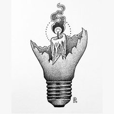 a black and white drawing of a light bulb with a candle in it's center