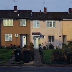 a painting of some houses with bushes and trash cans in front of them on the street