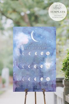 an easel with a poster on it that says phases of the moon and stars