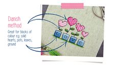 a cross stitch pattern with the words love written in blue and pink, surrounded by hearts