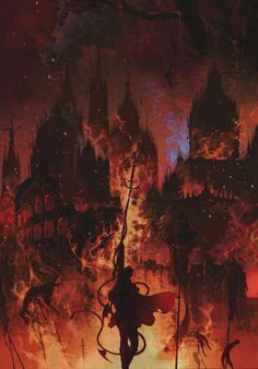 an image of a demonic demon standing in front of a fire filled cityscape