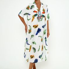 This Dress Is Made From High-Quality Linen, A Natural Fiber Known For Its Breathability, Durability, And Lightweight Feel. Linen Is Derived From The Flax Plant, Making It An Eco-Friendly And Sustainable Choice. The Fabric Is Well-Loved For Its Ability To Keep You Cool In Warm Weather Due To Its Natural Moisture-Wicking Properties, Which Allow Air To Flow Freely, Helping To Regulate Your Body Temperature. Linen Has A Slightly Textured, Crisp Feel That Softens With Each Wash, Adding To Its Comfort Overall Linen, Flax Plant, Usa Dresses, Colorful Feathers, Feather Print, Body Temperature, Printed Linen, Warm Weather, Moisture Wicking