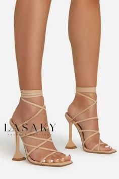 Lasaky - Classy Womens Wrap-Around Strap Sandals: High Heel, Pointed Toe, and Chunky Heel Design Cream Strappy Heels For Party, Fitted Strappy Sandals For Beach, Fitted Beige Heels For The Beach, Game Black, Ankle Strap High Heels, Dressing Style, Square Head, Heel Design, Pumps Shoes