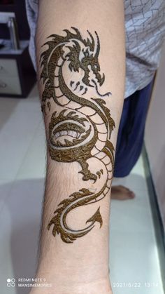 a person with a tattoo on their arm that has a dragon drawn on the side