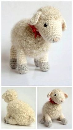 three pictures of a stuffed sheep with four different angles