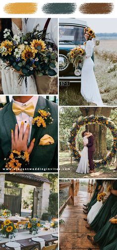 a collage of photos with sunflowers and greenery in the center, wedding dress