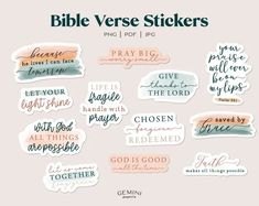 the bible verse stickers are shown in various colors and sizes, including pink, blue,