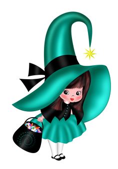 a woman in a witches hat holding a bag and wearing a green dress with black accents