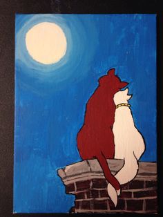 a painting of a cat sitting on top of a brick wall looking at the moon