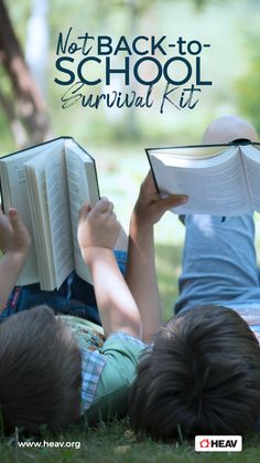 two children laying on the grass reading books with text overlay that reads not back - to - school survival kit