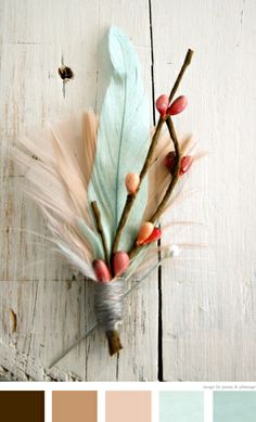 an arrangement of feathers and twigs on a white wooden surface with color swatches in the background