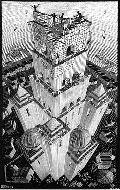 an old drawing of a tower with people on top