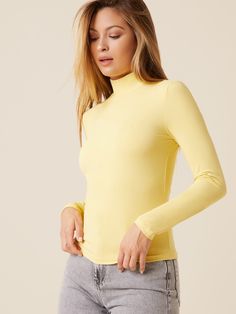 Yellow Casual Collar Long Sleeve Knitted Fabric Plain  Embellished Slight Stretch Spring Women Tops, Blouses & Tee Turtleneck And Tshirt, Yellow Long Sleeve, Turtleneck T Shirt, Spring Women, Shein Tops, Trendy Fashion Women, Sleeves Pattern, Hang Tags, Long Sleeve Knit