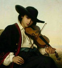 a painting of a man with a violin in his lap and wearing a black hat