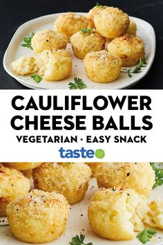 cauliflower cheese balls on a plate with text overlay