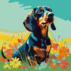 a painting of a dog sitting in the grass